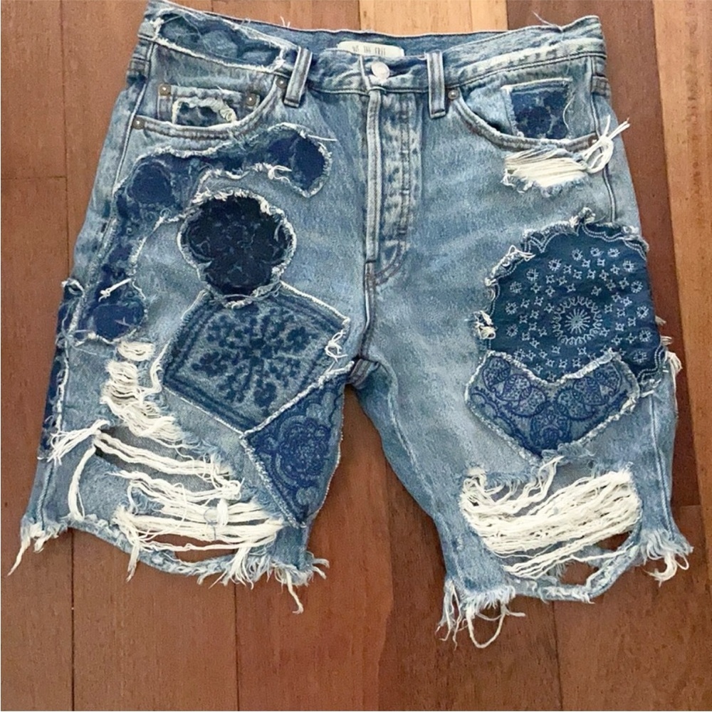 We The Free Blue Distressed Jean Patchwork Shorts - Picture 5 of 10
